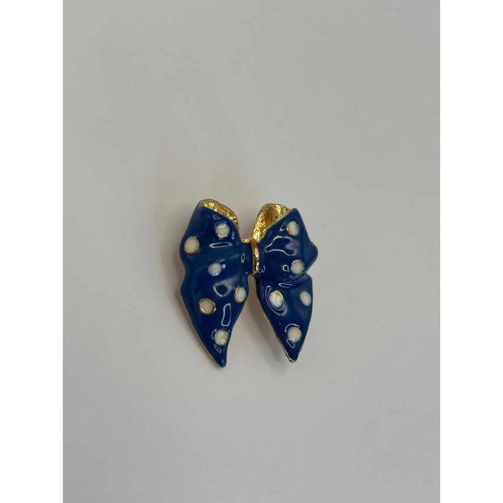 Vintage Gold Tone Blue White Polka Dot Enamel Bow Brooch Pin Small - Picture 3 of 5